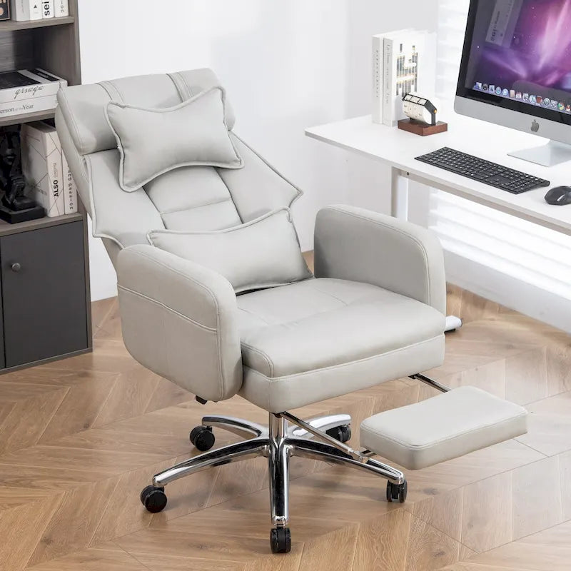 Light Grey Faux Leather Swivel Office Chair with Footrest and Lumbar Support