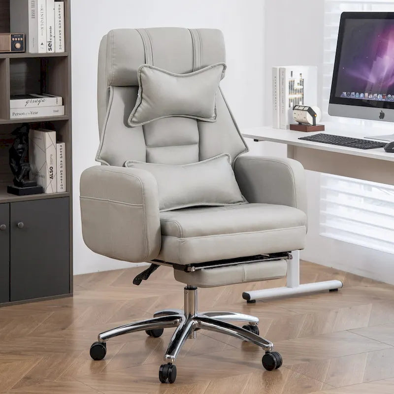 Light Grey Faux Leather Swivel Office Chair with Footrest and Lumbar Support