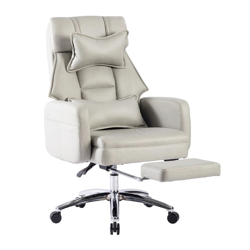 Light Grey Faux Leather Swivel Office Chair with Footrest and Lumbar Support