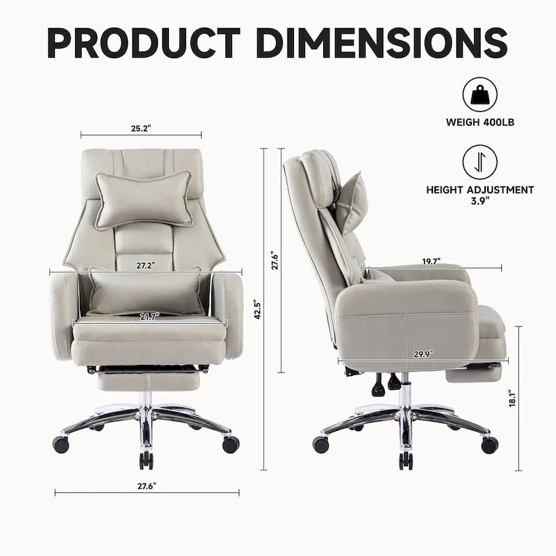 Light Grey Faux Leather Swivel Office Chair with Footrest and Lumbar Support