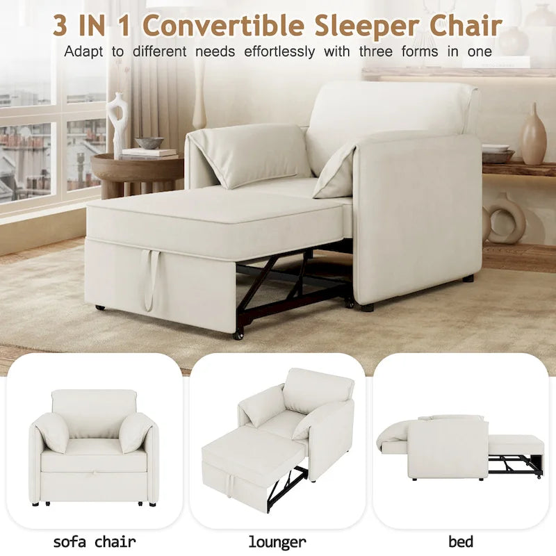 Convertible Sofa Bed, 3-in-1 Sleeper Chair with Adjustable Backrest and Thick Cushions, Linen Fabric
