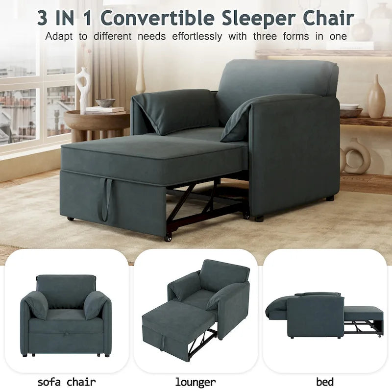 Convertible Sofa Bed, 3-in-1 Sleeper Chair with Adjustable Backrest and Thick Cushions, Linen Fabric