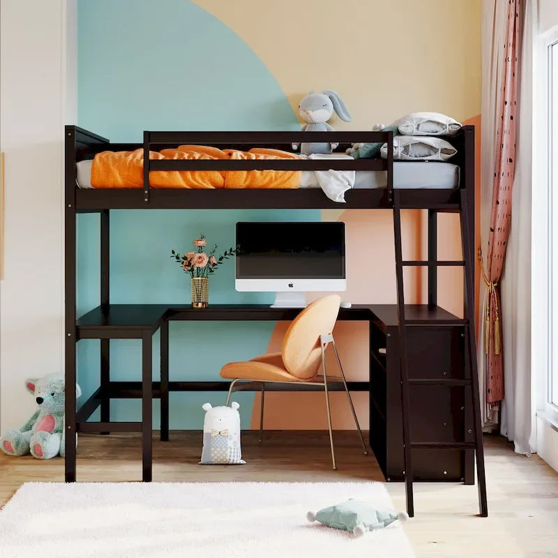 Full Size Loft Bed with Shelves and Desk