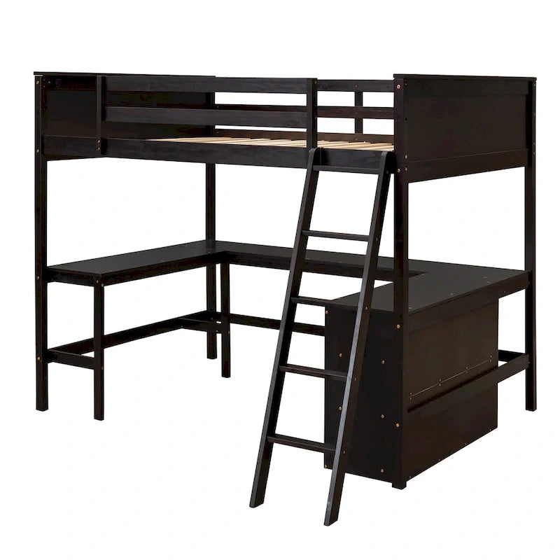 Full Size Loft Bed with Shelves and Desk