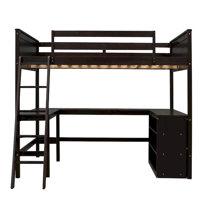 Full Size Loft Bed with Shelves and Desk