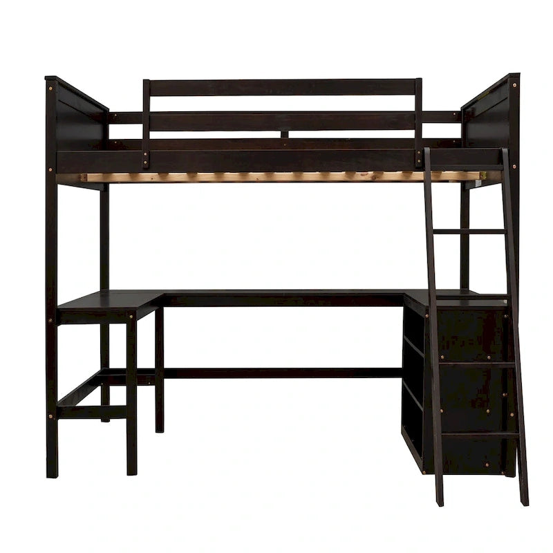 Full Size Loft Bed with Shelves and Desk