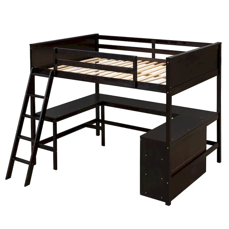 Full Size Loft Bed with Shelves and Desk