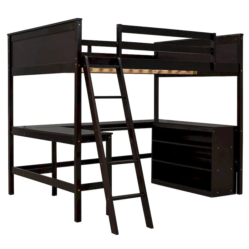 Full Size Loft Bed with Shelves and Desk