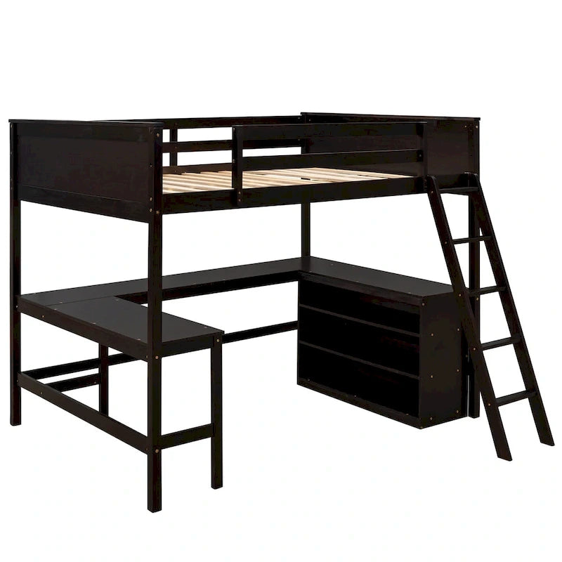 Full Size Loft Bed with Shelves and Desk