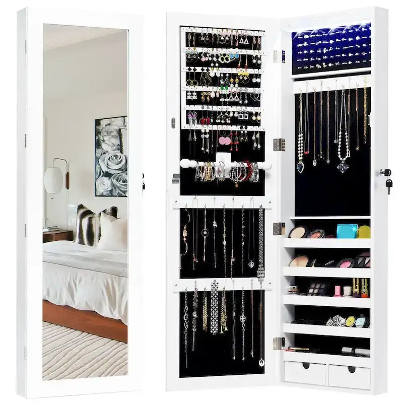 Wall Mounted Mirrored Jewelry Cabinet with LED Lights