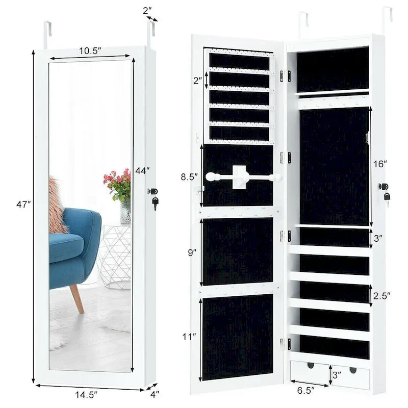 Wall Mounted Mirrored Jewelry Cabinet with LED Lights