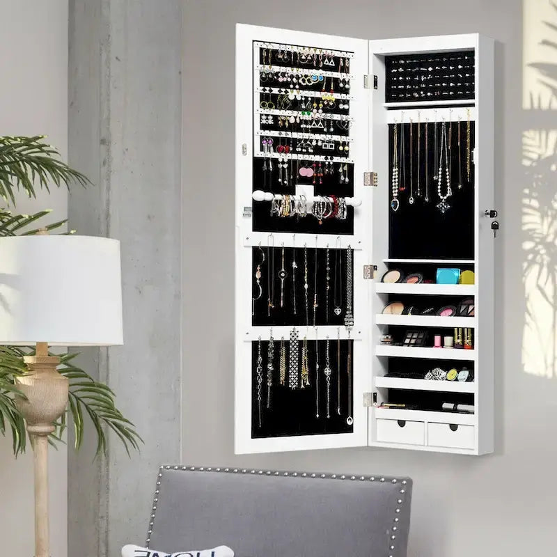 Wall Mounted Mirrored Jewelry Cabinet with LED Lights