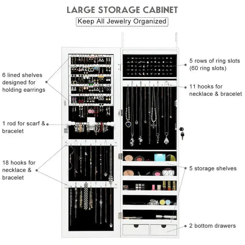 Wall Mounted Mirrored Jewelry Cabinet with LED Lights