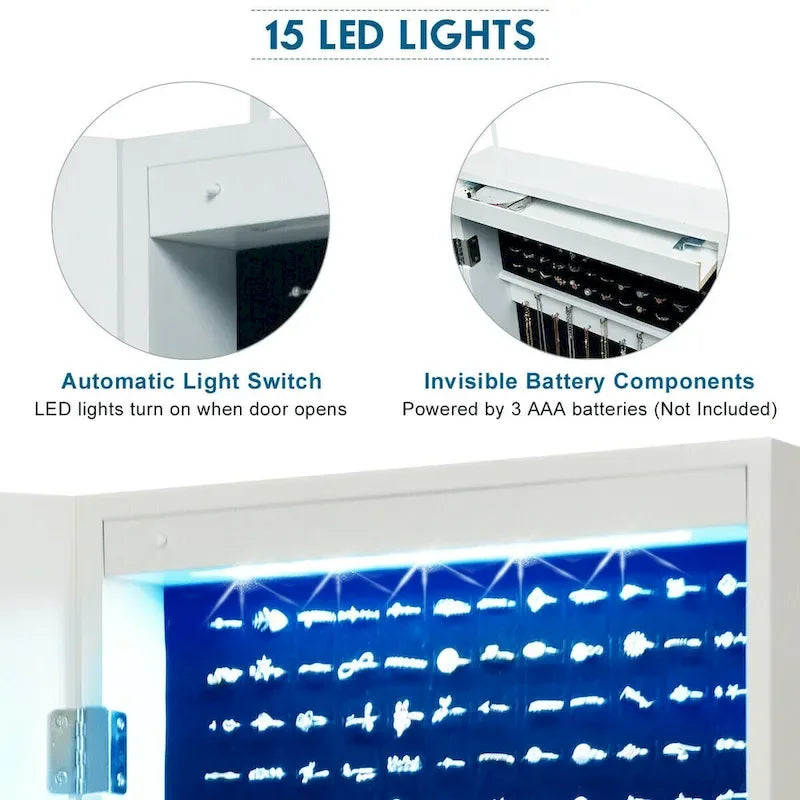 Wall Mounted Mirrored Jewelry Cabinet with LED Lights
