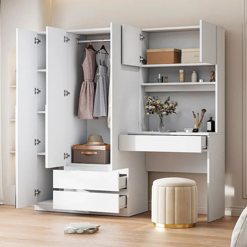 3-Door Wardrobe with Integrated Desk and Storage Drawers