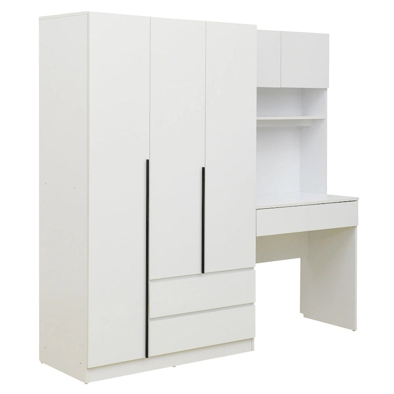 3-Door Wardrobe with Integrated Desk and Storage Drawers