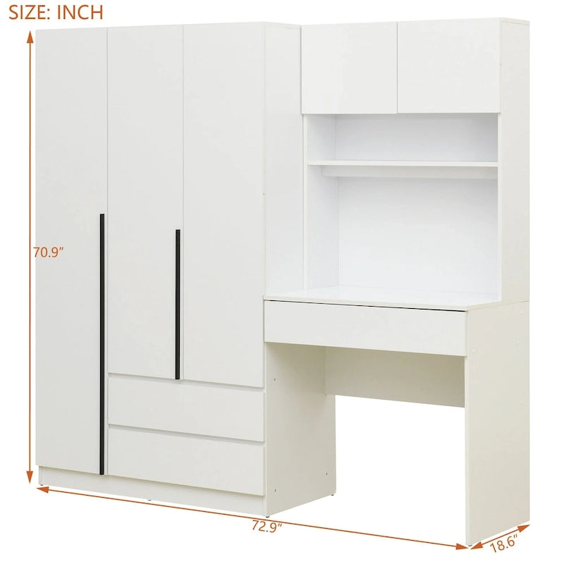 3-Door Wardrobe with Integrated Desk and Storage Drawers