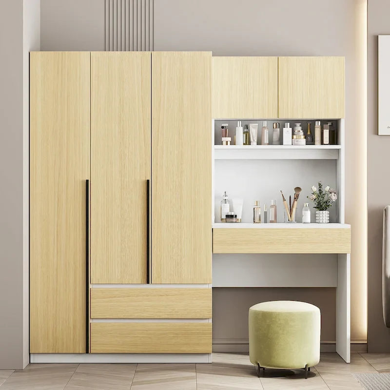 3-Door Wardrobe with Integrated Desk and Storage Drawers