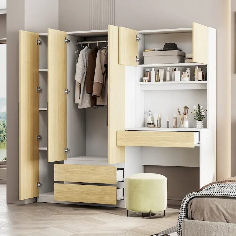 3-Door Wardrobe with Integrated Desk and Storage Drawers