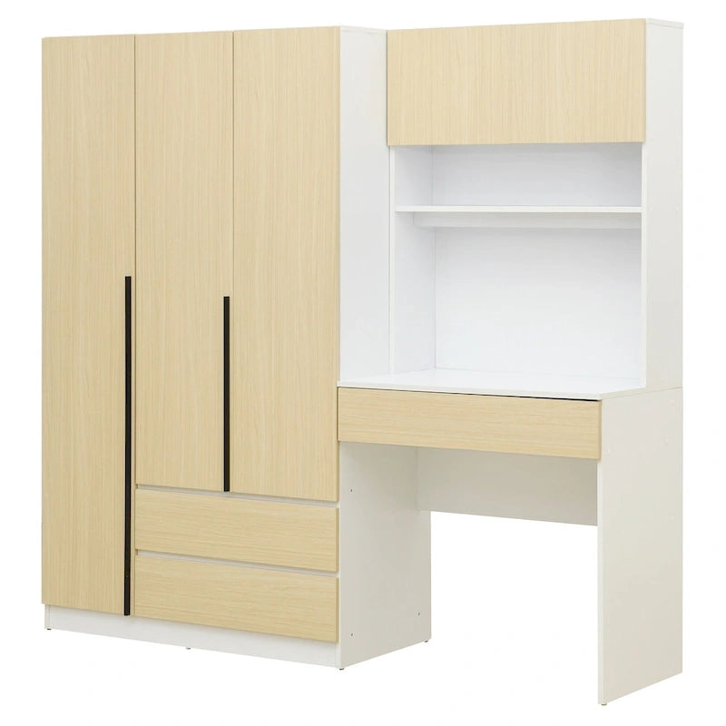 3-Door Wardrobe with Integrated Desk and Storage Drawers