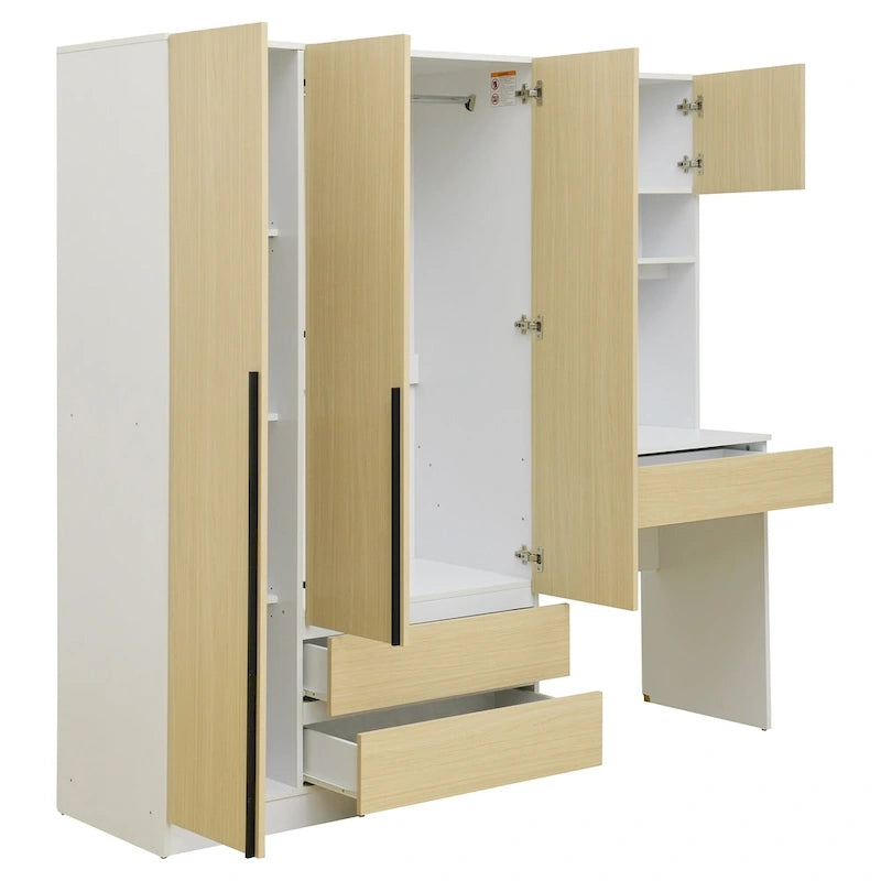 3-Door Wardrobe with Integrated Desk and Storage Drawers