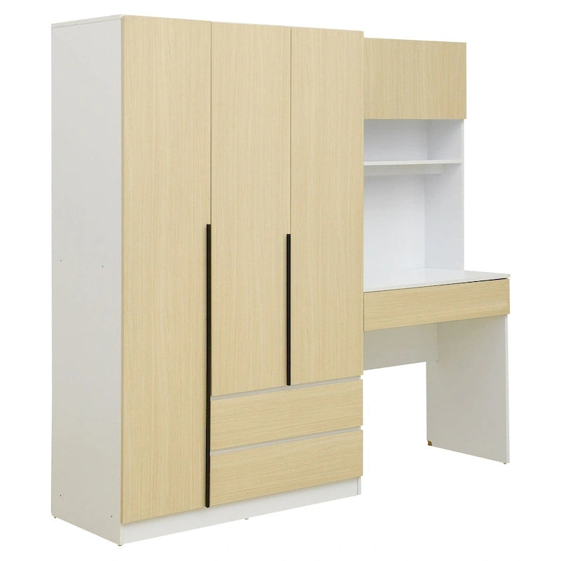 3-Door Wardrobe with Integrated Desk and Storage Drawers