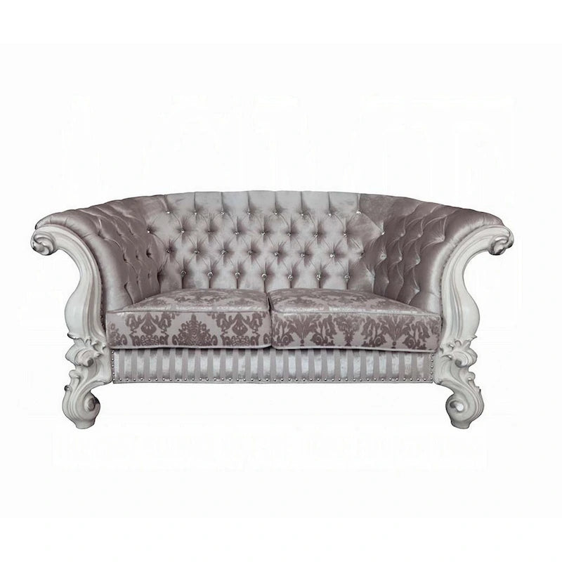 Loveseat with 5 Pillows, Tufted Ivory Fabric, Scrolled Arms, White Frame, 76 Inch