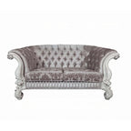 Loveseat with 5 Pillows, Tufted Ivory Fabric, Scrolled Arms, White Frame, 76 Inch