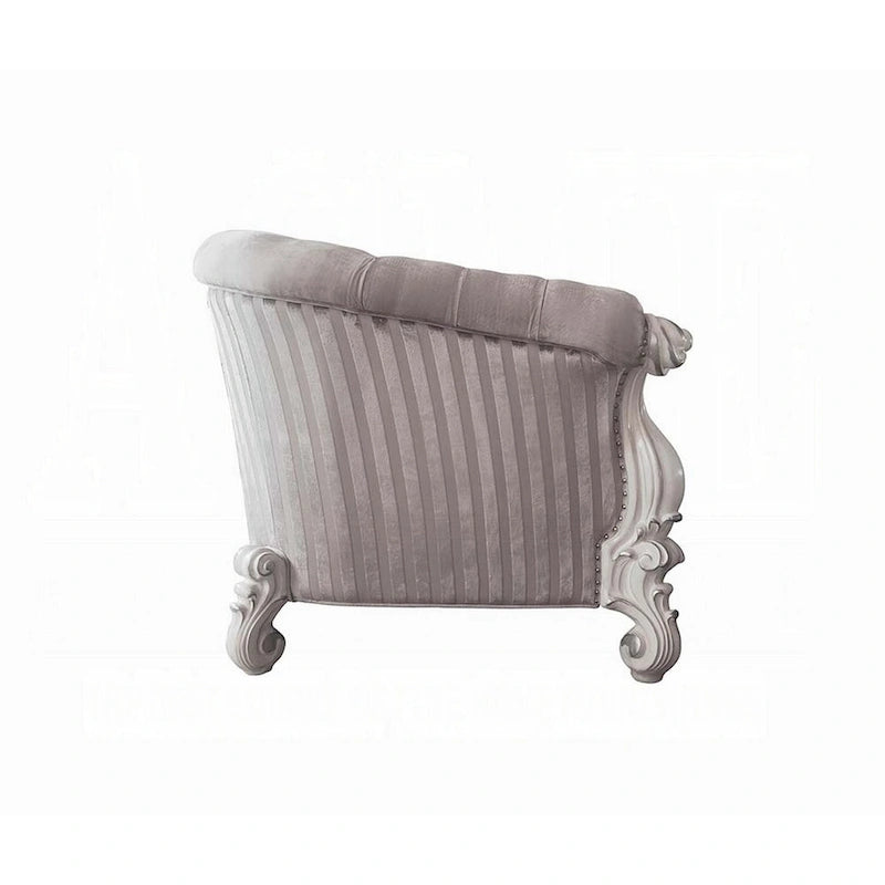 Loveseat with 5 Pillows, Tufted Ivory Fabric, Scrolled Arms, White Frame, 76 Inch