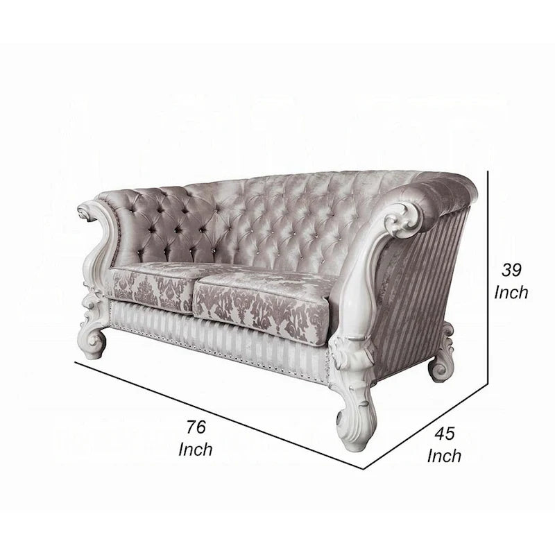 Loveseat with 5 Pillows, Tufted Ivory Fabric, Scrolled Arms, White Frame, 76 Inch