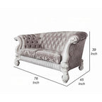 Loveseat with 5 Pillows, Tufted Ivory Fabric, Scrolled Arms, White Frame, 76 Inch