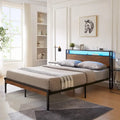 King Size Metal Platform Bed Frame with Wooden Headboard and LED Lights