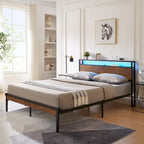 King Size Metal Platform Bed Frame with Wooden Headboard and LED Lights