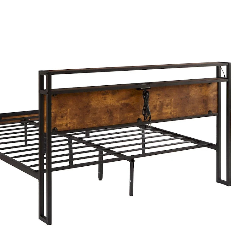 King Size Metal Platform Bed Frame with Wooden Headboard and LED Lights