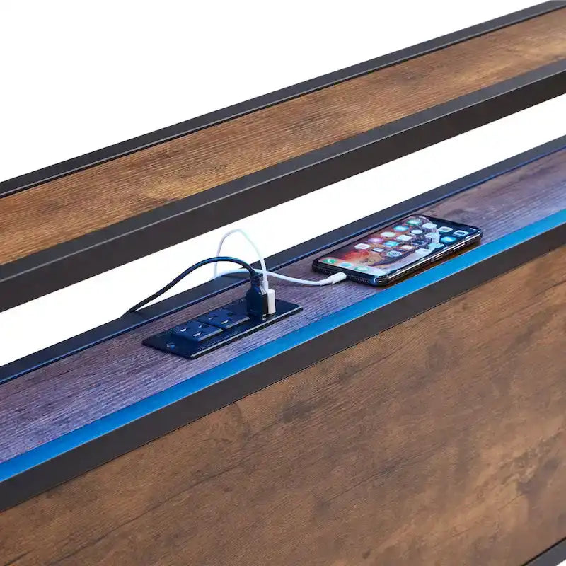 King Size Metal Platform Bed Frame with Wooden Headboard and LED Lights