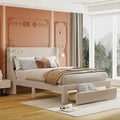 Full Size Beige Velvet Platform Bed with Storage Drawer