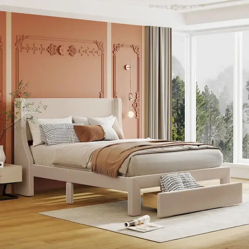 Full Size Beige Velvet Platform Bed with Storage Drawer