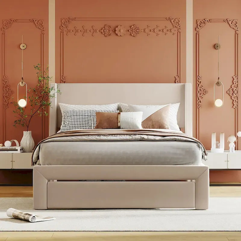 Full Size Beige Velvet Platform Bed with Storage Drawer