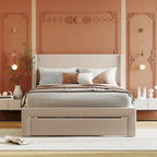 Full Size Beige Velvet Platform Bed with Storage Drawer