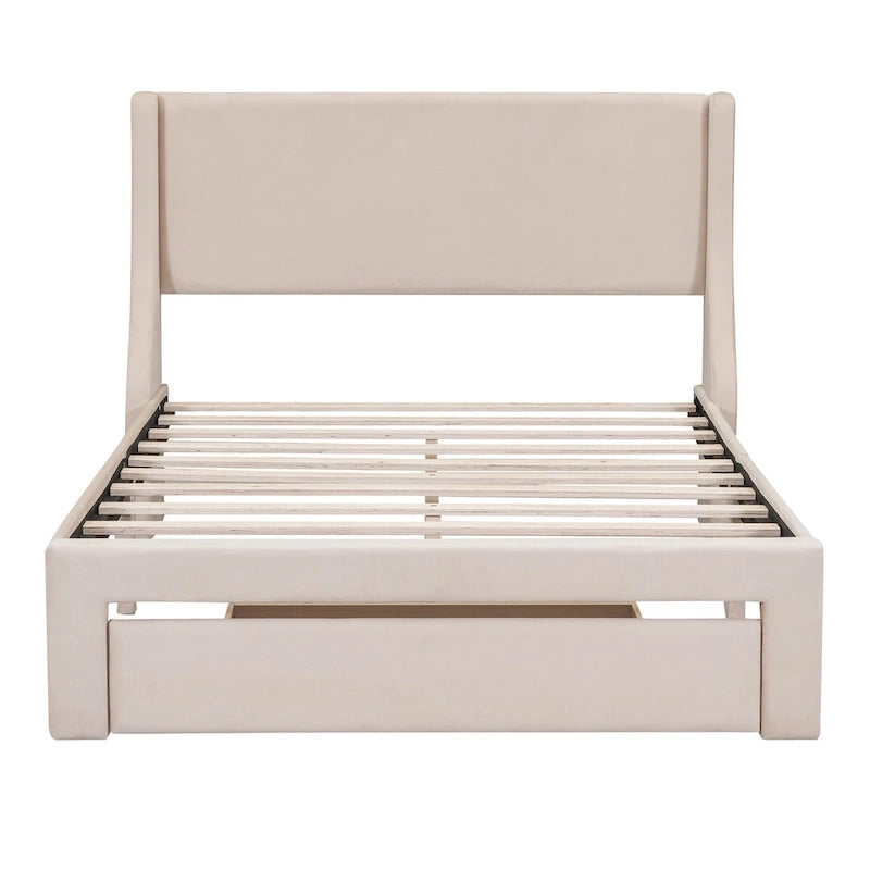 Full Size Beige Velvet Platform Bed with Storage Drawer