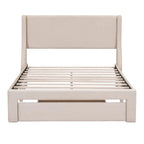 Full Size Beige Velvet Platform Bed with Storage Drawer