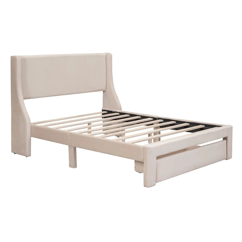 Full Size Beige Velvet Platform Bed with Storage Drawer
