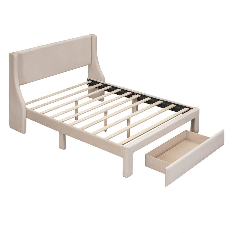 Full Size Beige Velvet Platform Bed with Storage Drawer