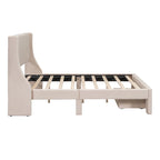 Full Size Beige Velvet Platform Bed with Storage Drawer