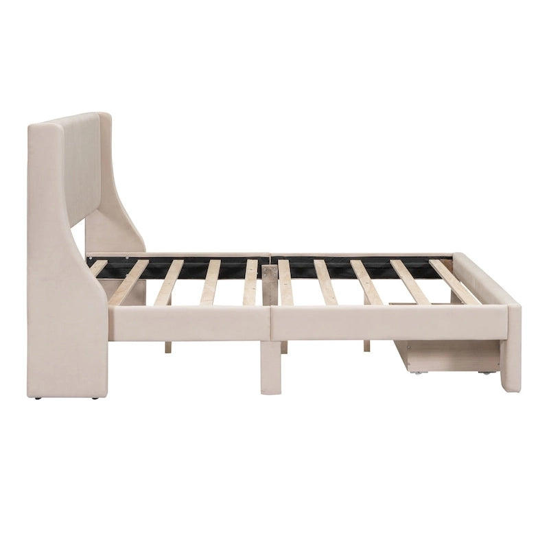 Full Size Beige Velvet Platform Bed with Storage Drawer