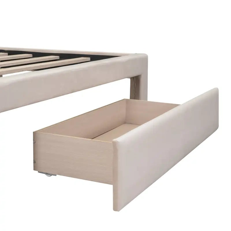 Full Size Beige Velvet Platform Bed with Storage Drawer
