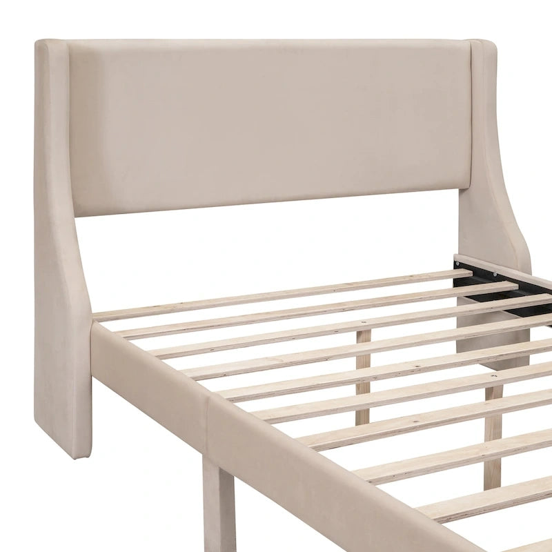 Full Size Beige Velvet Platform Bed with Storage Drawer