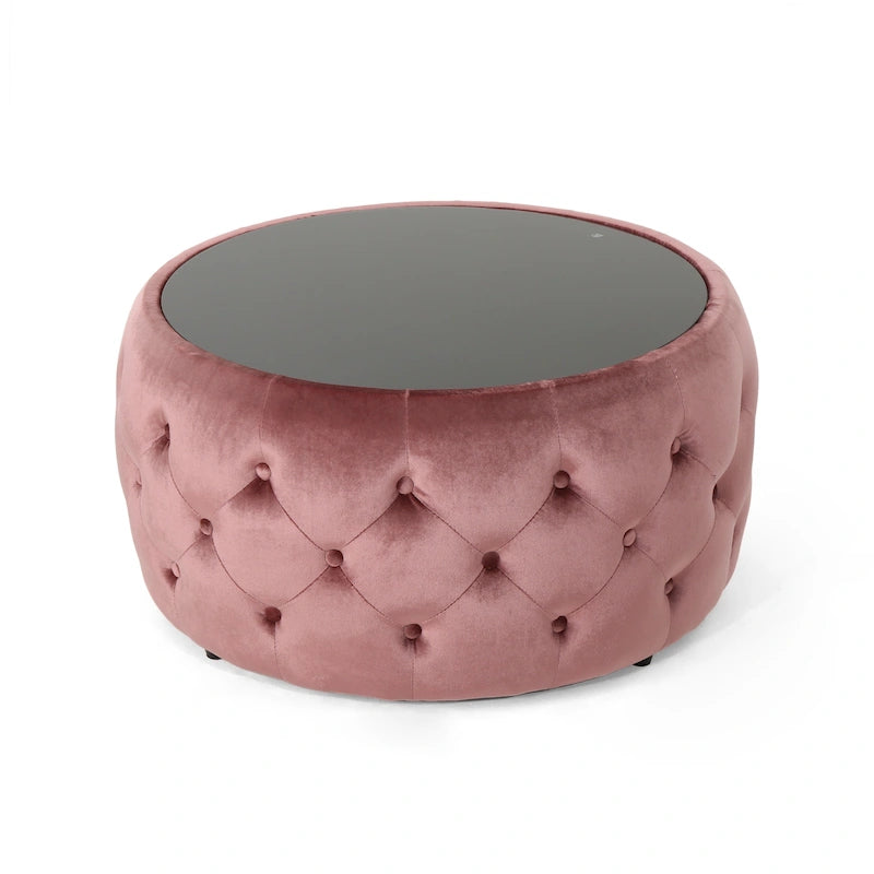 Velvet Ottoman Coffee Table with Tempered Glass Top