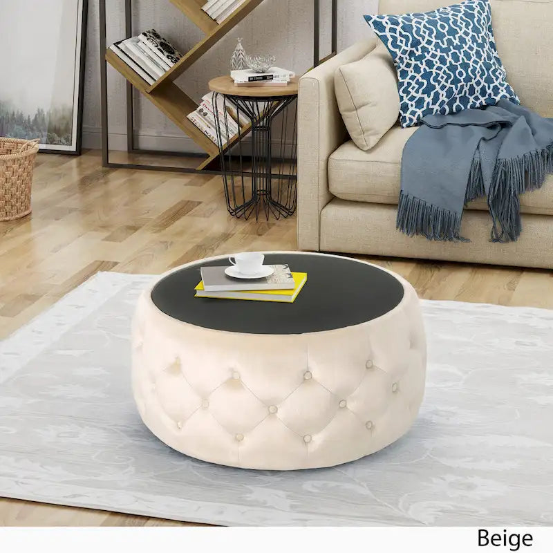 Velvet Ottoman Coffee Table with Tempered Glass Top