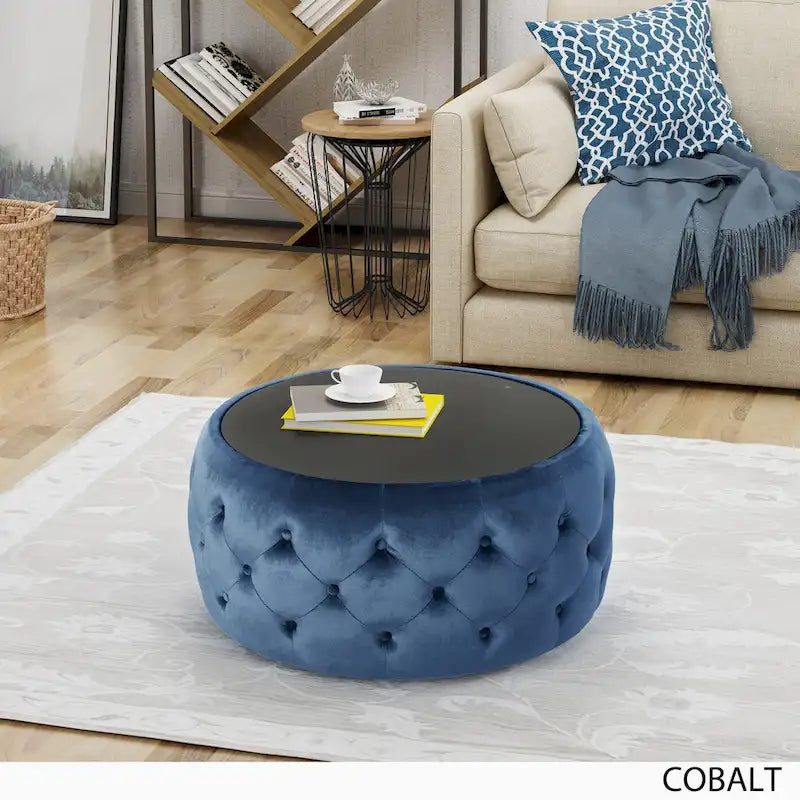 Velvet Ottoman Coffee Table with Tempered Glass Top